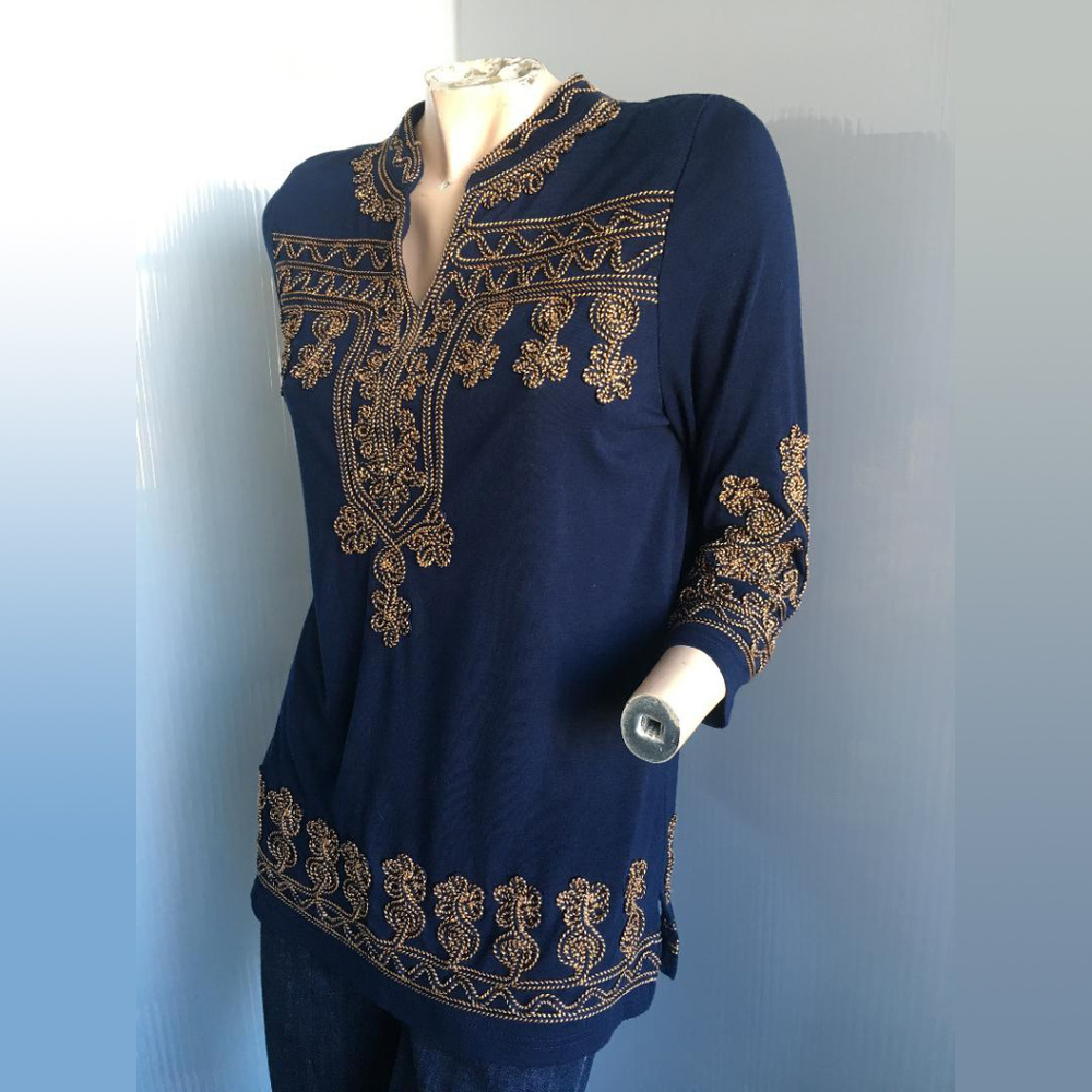 LAUREN MICHELLE-Navy & Tan Braid Emboidered Blouse